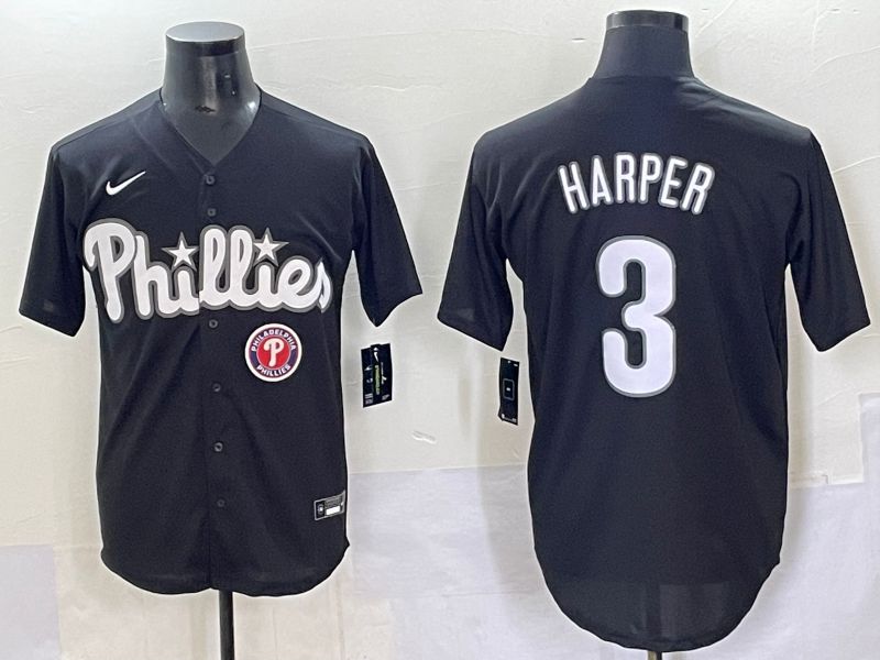 Men 2025 Philadelphia Phillies 3 Harper Black Fashion Nike MLB Jersey style 7048